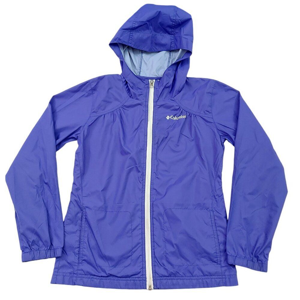 Columbia Hooded Windbreaker Girls Medium 10/12 Blue Full Zip Lightweight Outdoor